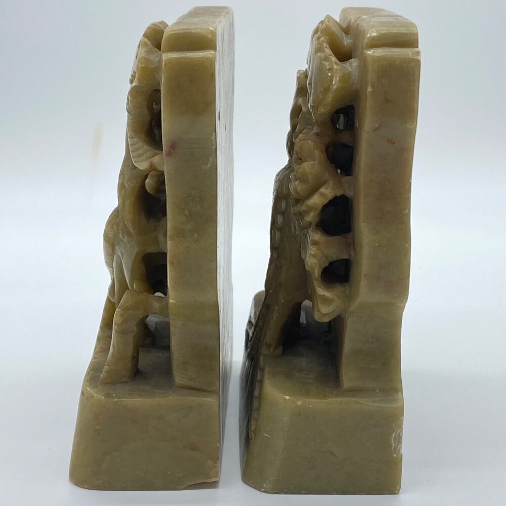 Vintage Pair of Hand-Carved Green Soapstone Bookends Phoenix Bird Lotus Flower - Picture 14 of 16